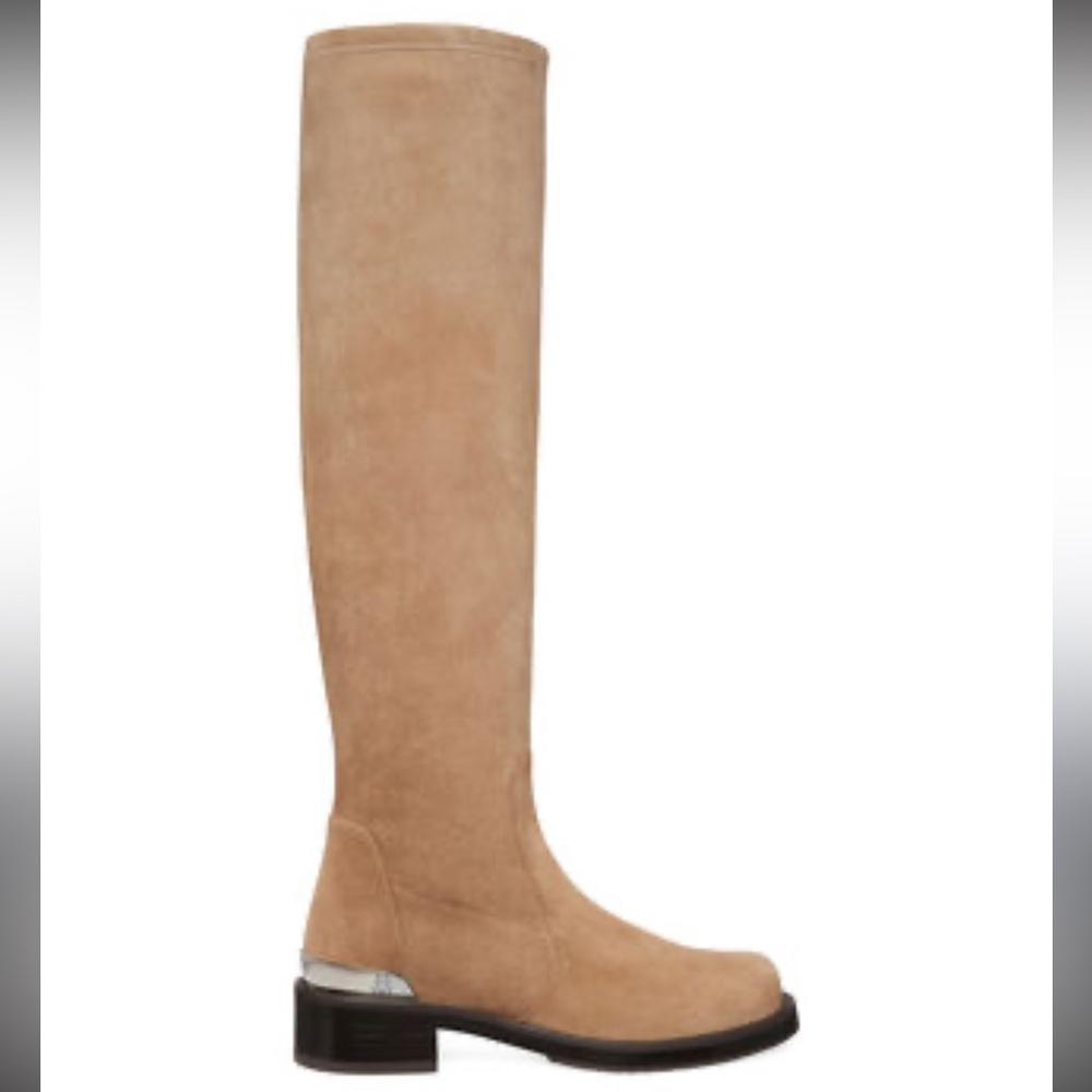 New Stuart Weitzman Microbold Logo Slouch Knee High Boots Sz 8.5 Brown Suede